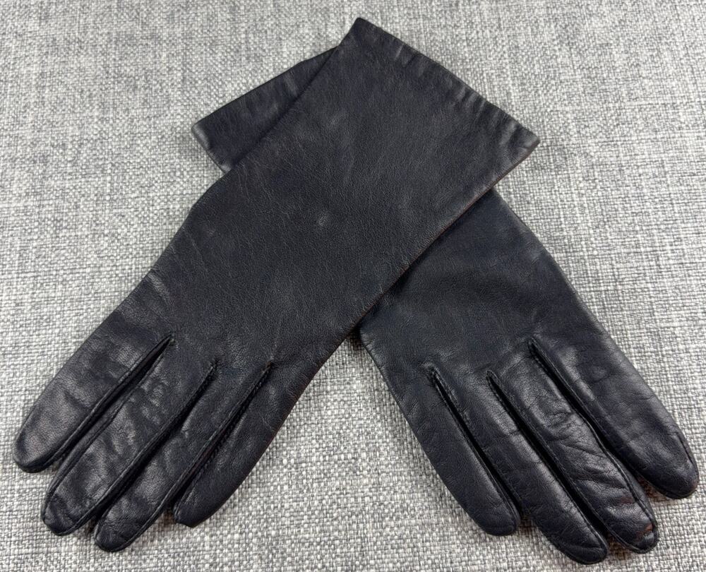 Vintage Aris RN 35548 Black Genuine Leather Gloves Womens 7.5 Lined